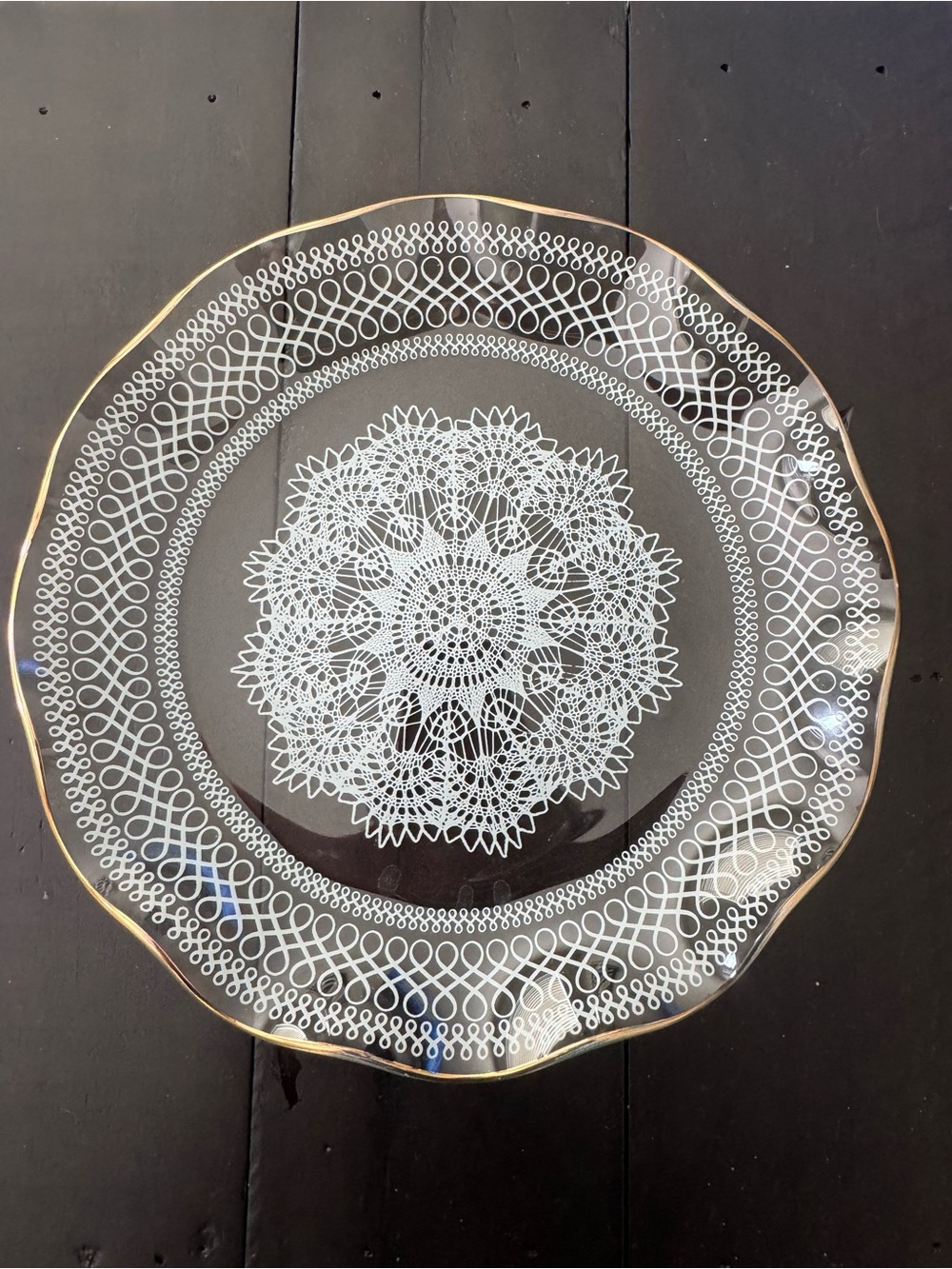 Vintage Clear Glass Lace Pattern Trinket Tray with Gold Trim